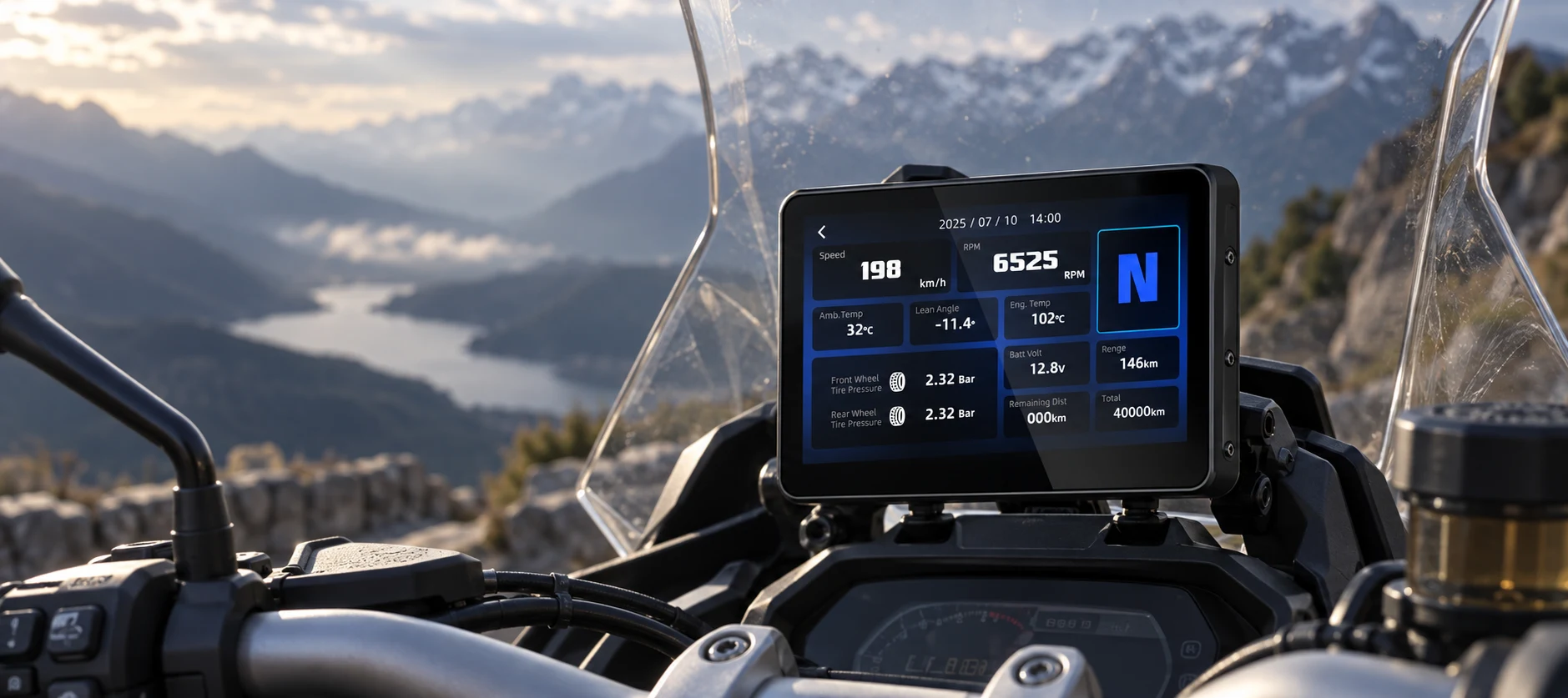 Mountain-road scene featuring the keykeer M13A Pro display