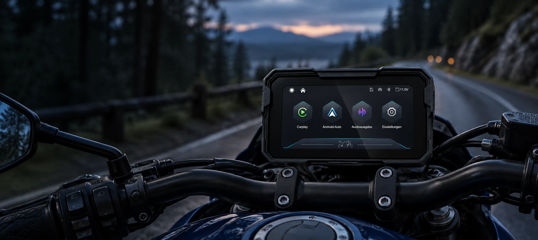 Forest-road scene featuring the keykeer M10 display